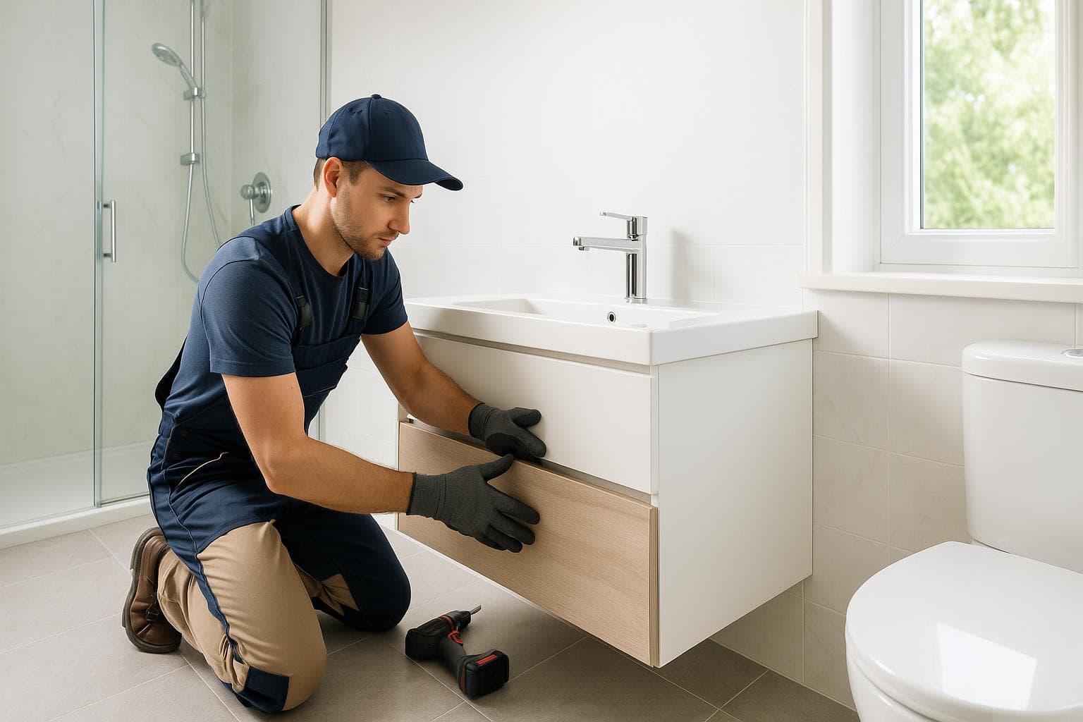 Profesional de montaje de baños trabajando en Barcelona